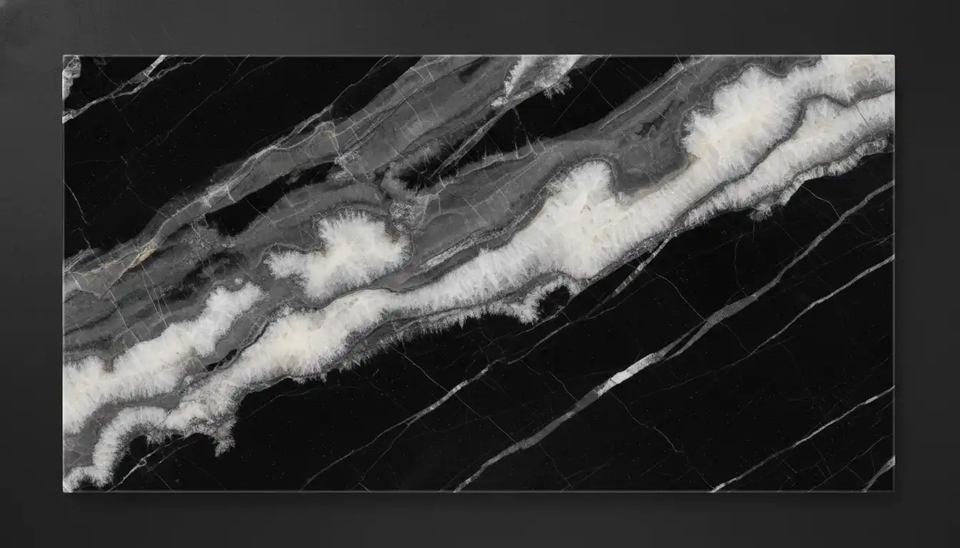 A polished slab of natural quartzite stone with dramatic grey and white veining on a dark background.