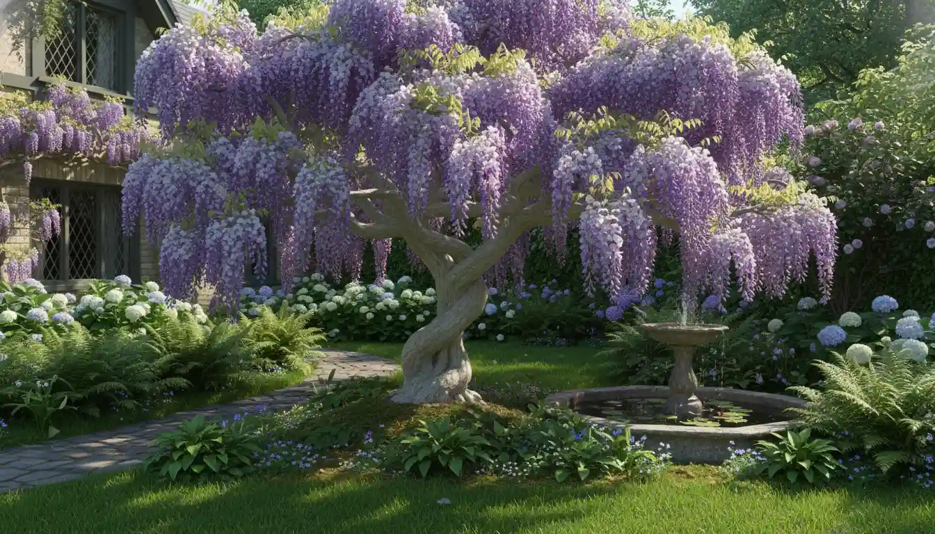 Flowering purple wisteria vines trained into a tree form, planted in a lush green residential garden.