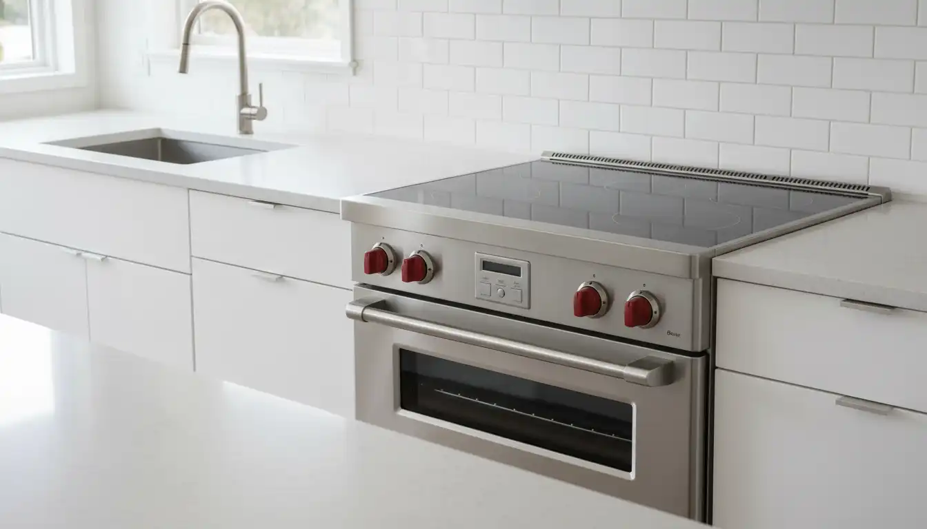 A stainless steel Wolf 30-inch induction range with a smooth black glass cooktop and red control knobs, installed in a modern kitchen countertop.