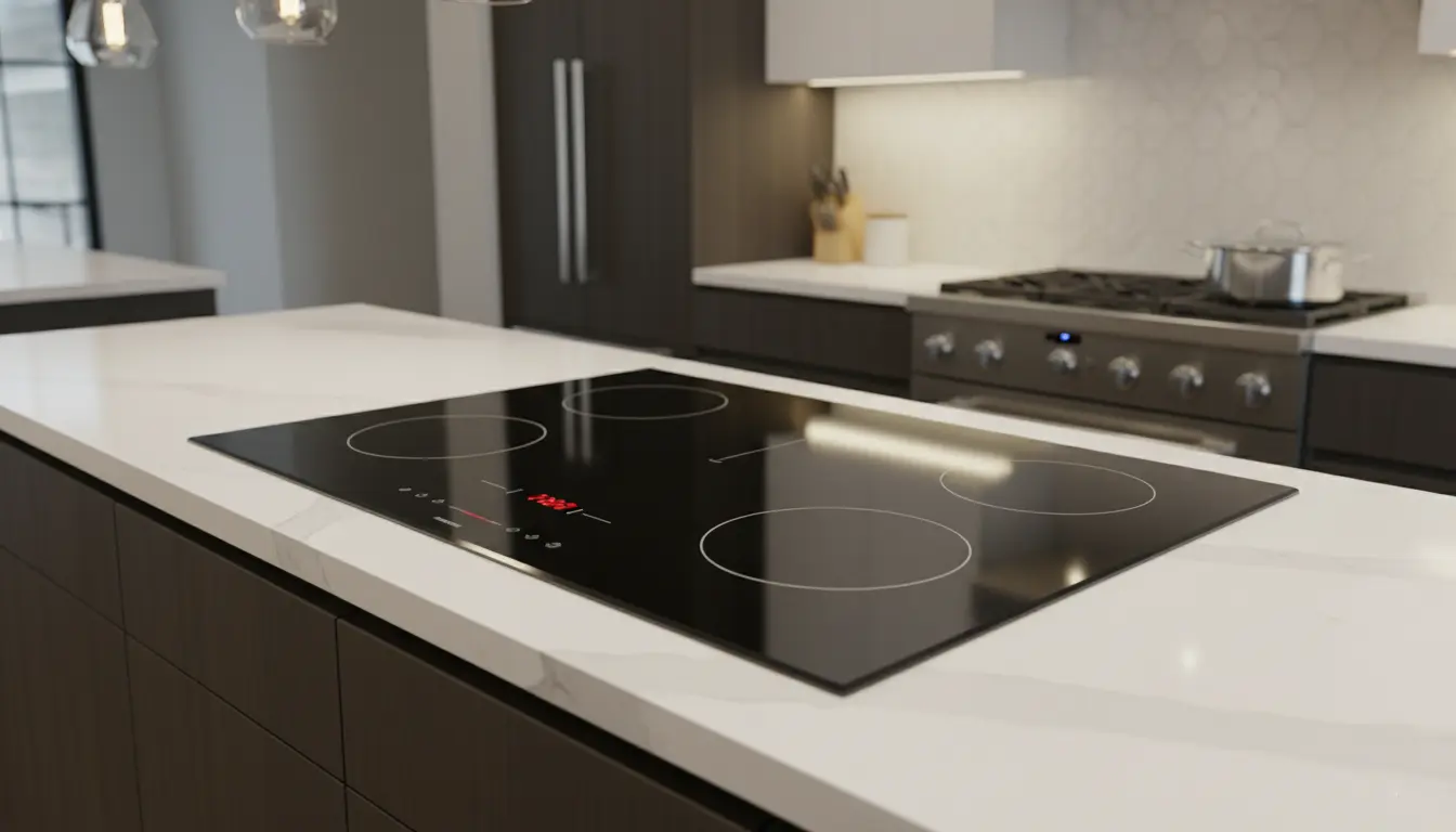 A sleek, black Wolf induction cooktop with four burners seamlessly integrated into a modern kitchen countertop.