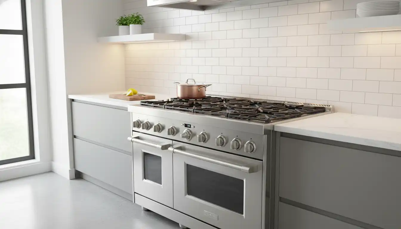 A modern stainless steel professional-style gas range with six burners and silver knobs, set against a clean, white subway tile backsplash in a well-lit kitchen.