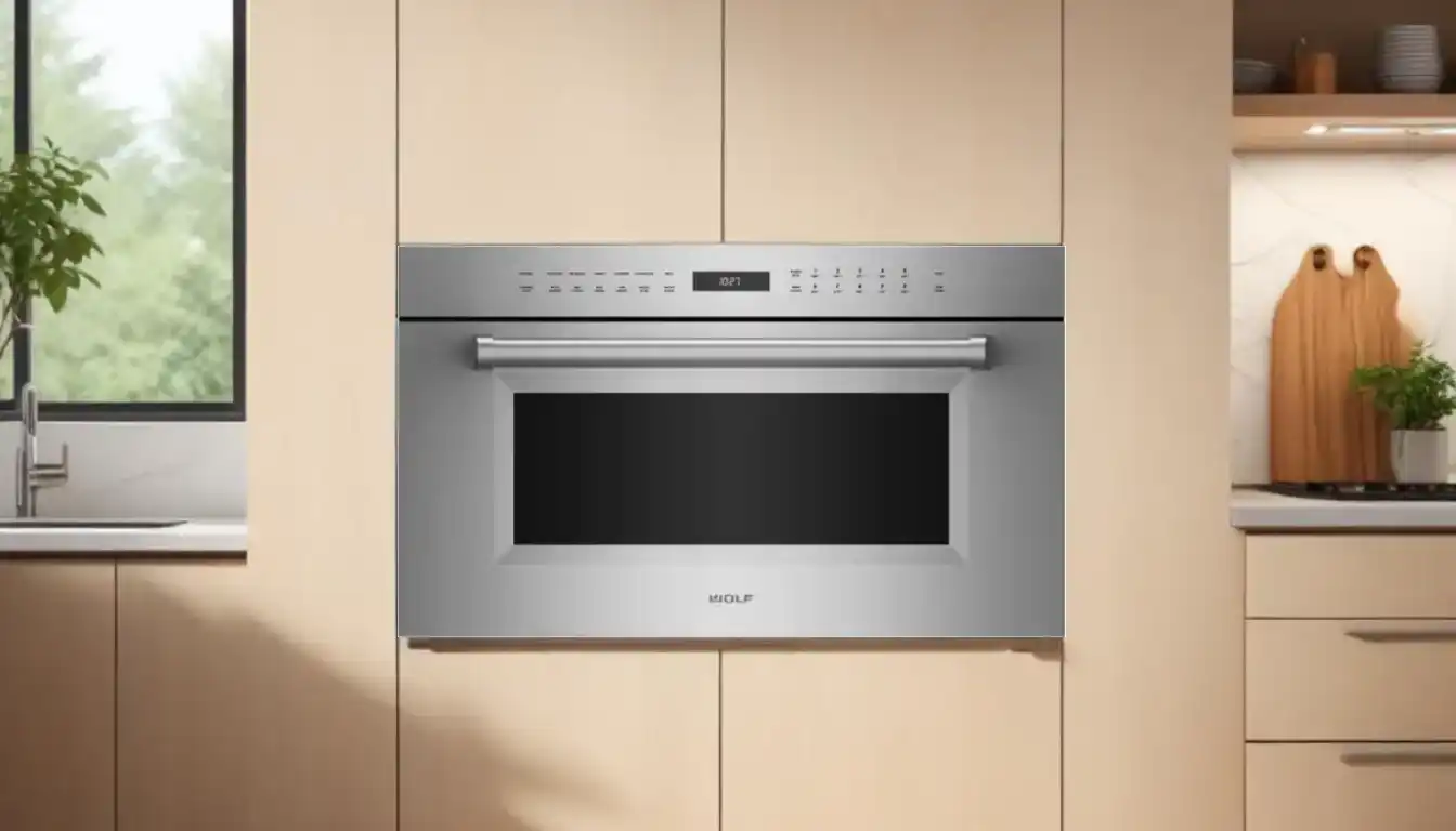 A built-in Wolf speed oven with a stainless steel finish integrated into a modern kitchen wall.