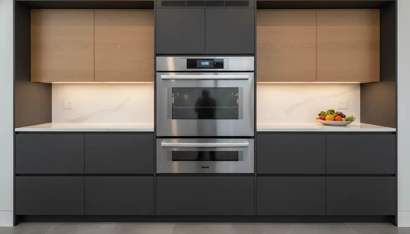 A sleek, stainless steel Wolf steam oven built into a modern kitchen cabinetry.