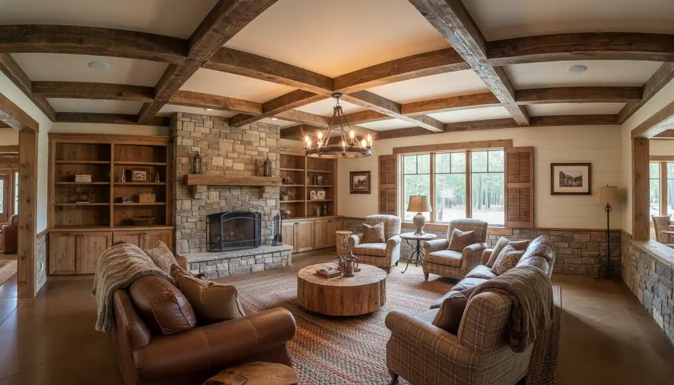 A rustic living room with dark, faux wood beams installed on a flat, eight-foot ceiling.
