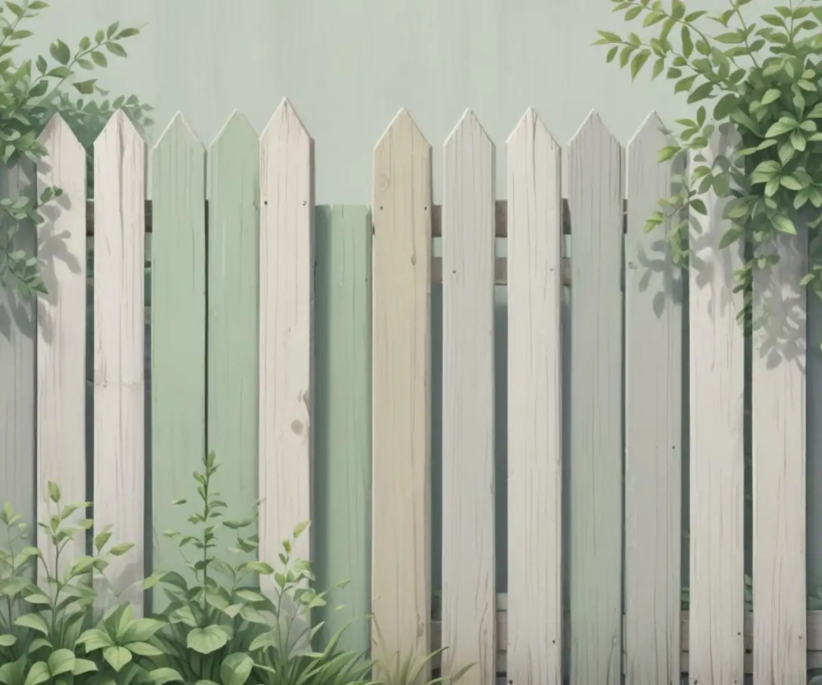 A close-up of a wooden fence with vertical planks installed securely on top of a grey concrete block wall, set against a backdrop of green garden foliage.