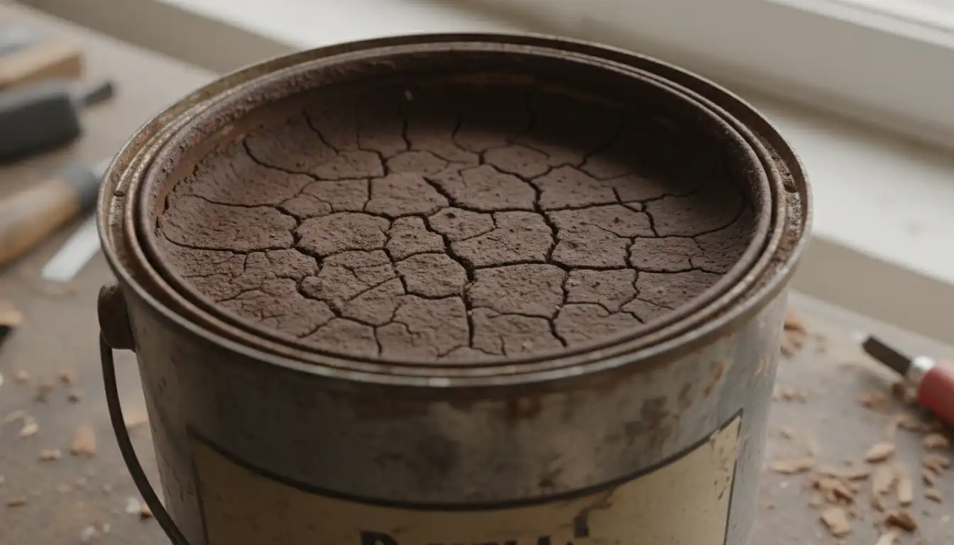 An open metal can revealing a solid, cracked surface of hardened brown wood stain.