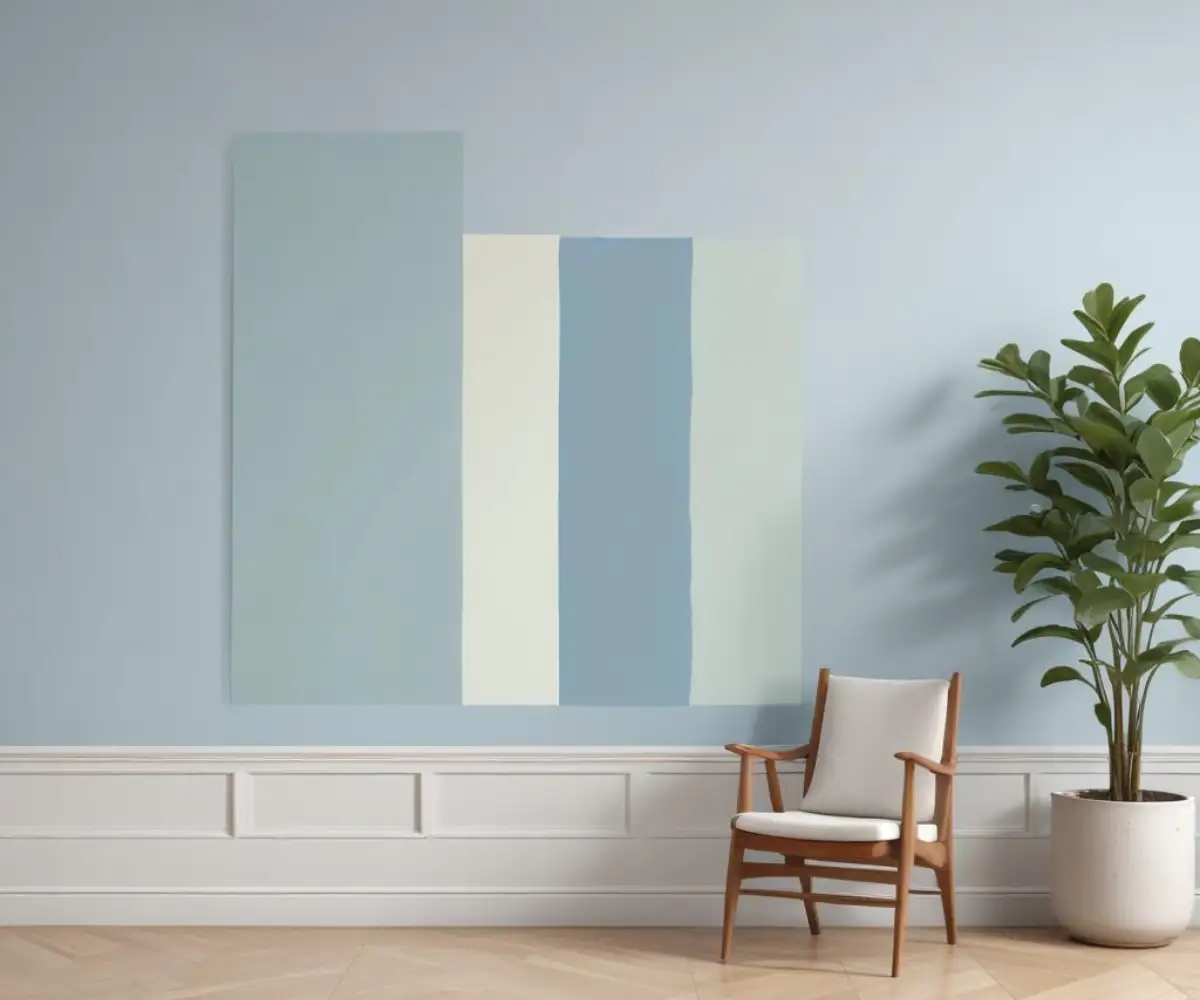 Side-by-side paint swatches of serene Woodlawn Blue and airy Palladian Blue on a neutral wall.