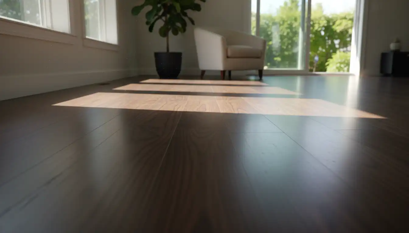 Newly installed dark walnut hardwood flooring planks shown at an angle in a brightly lit room.