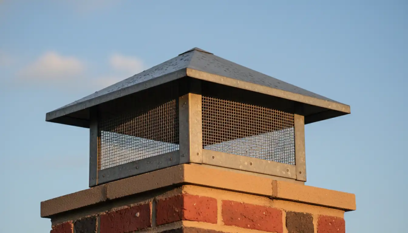 A close-up view of a metal chimney cap with minor indentations on a brick chimney.