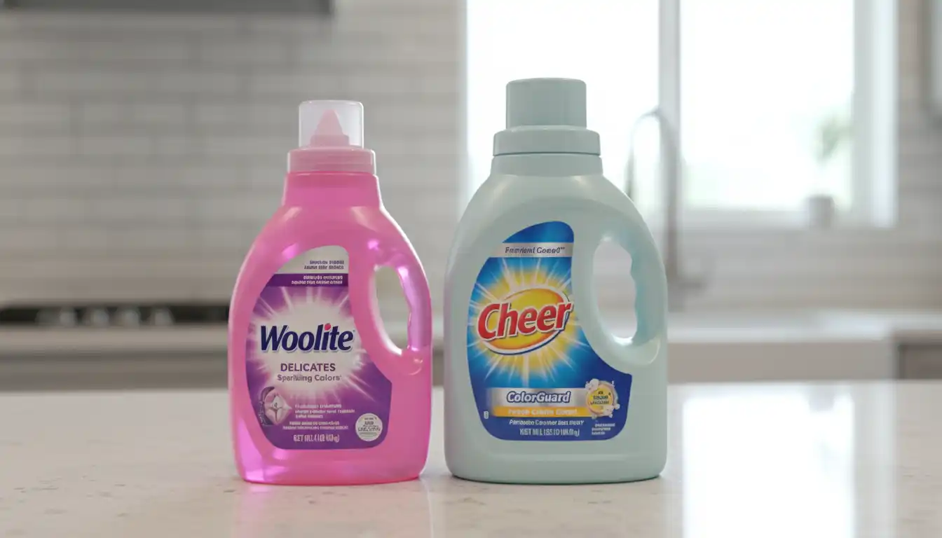 Two bottles of laundry detergent, Woolite and Cheer, side-by-side on a clean, neutral-colored countertop.