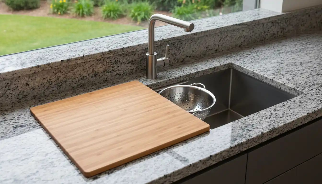 A stainless steel undermount workstation sink with a built-in cutting board and colander on a granite countertop.