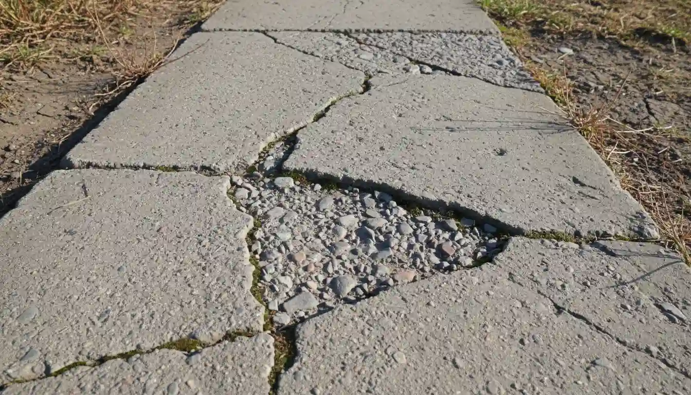 Cracked and uneven concrete sidewalk with a rough, unprofessional finish.