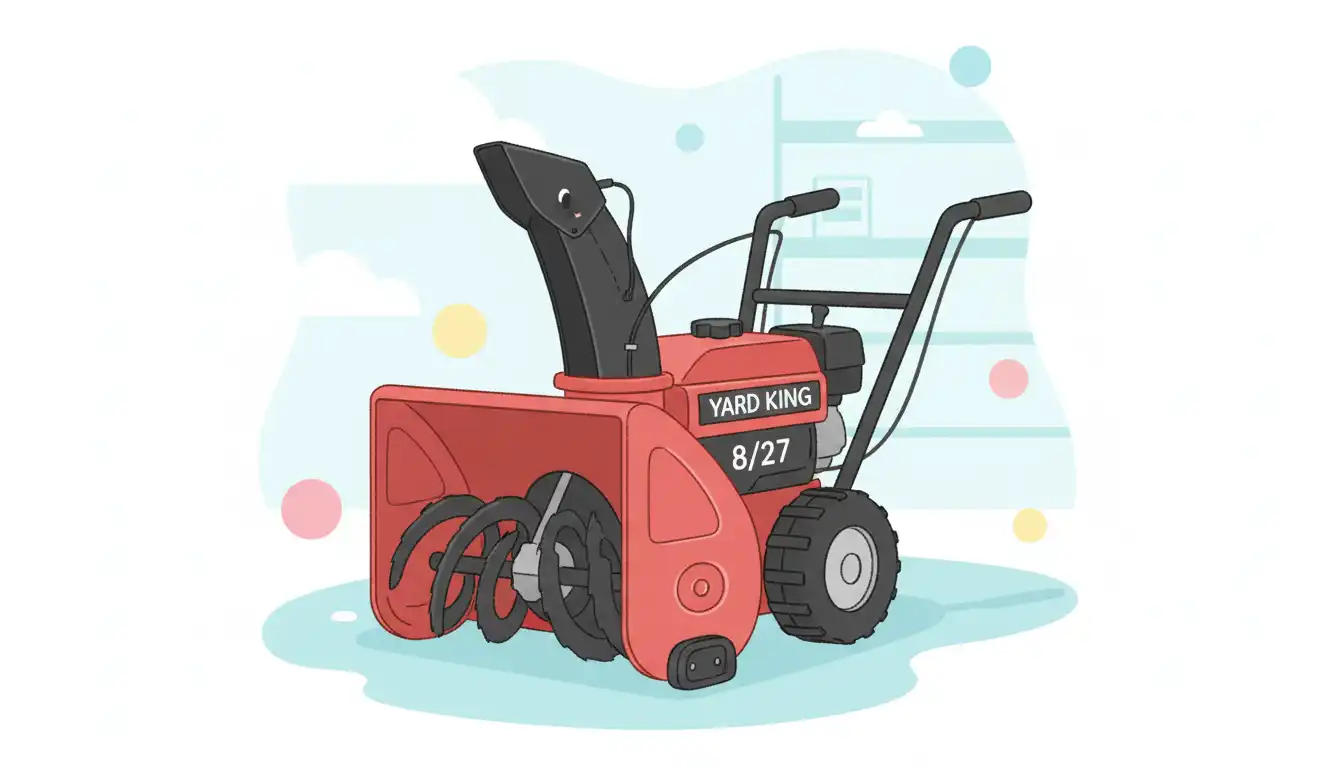 A red and black Yard King 8/27 two-stage snowblower with a visible auger and discharge chute, shown from the front three-quarter view.