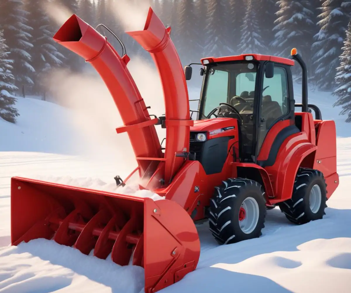 A red two-stage snowblower with a large auger, chute, and engine, set against a neutral background.