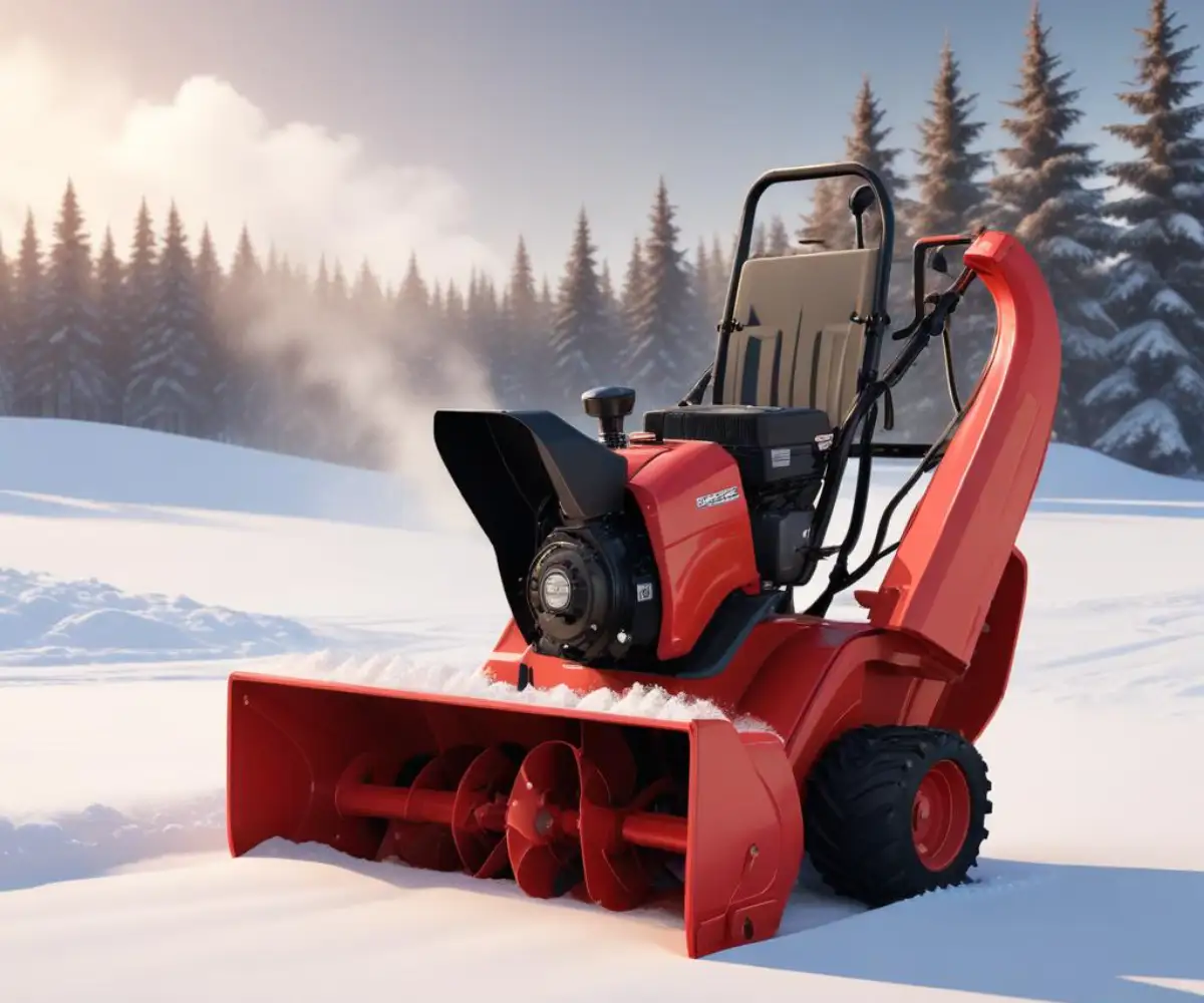 A red two-stage gas snowblower with a black chute on a plain white studio background.