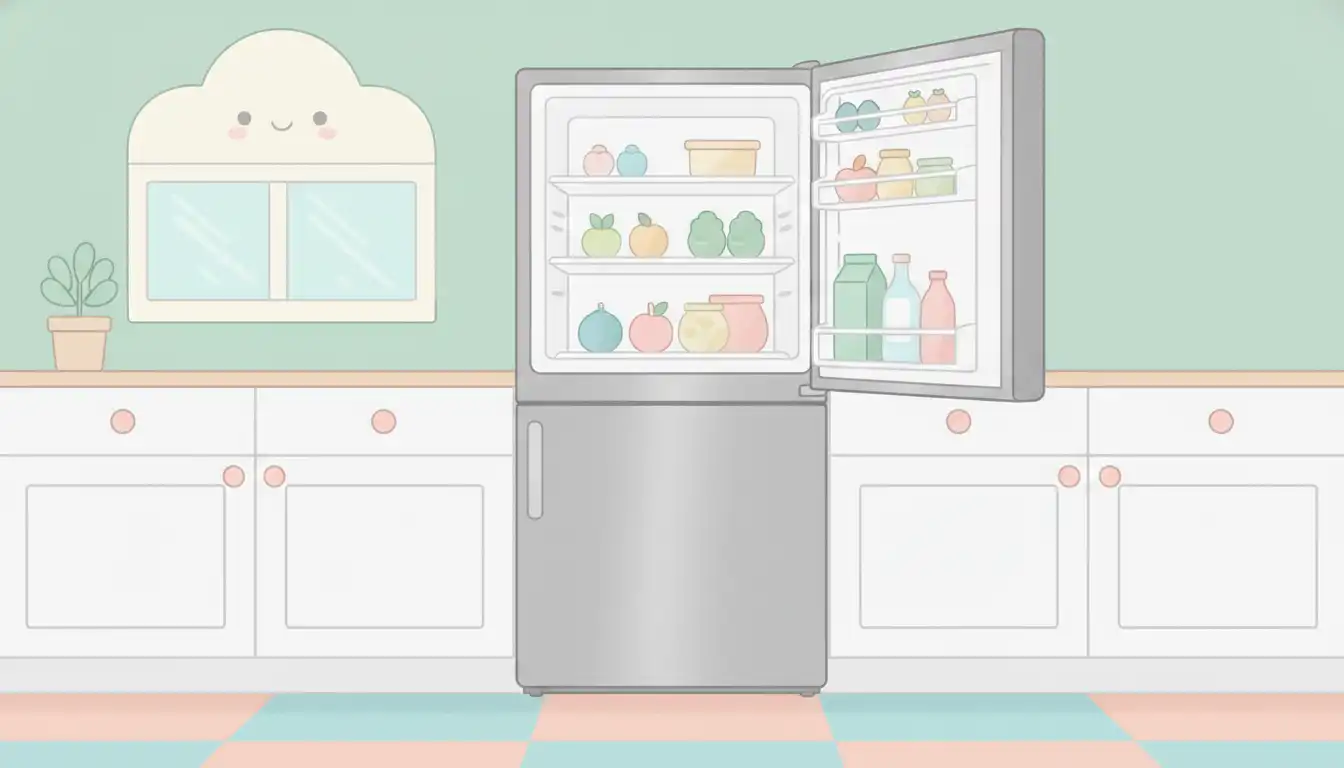 A stainless steel, counter-depth refrigerator installed flush with white kitchen cabinets, its door open at a ninety-degree angle.