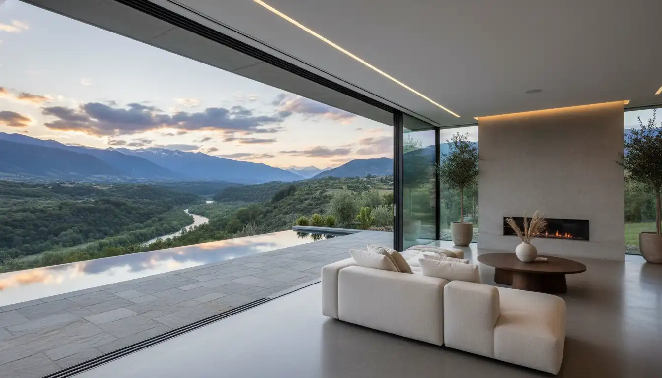A modern, open-concept living room featuring zero corner sliding glass doors that create a seamless transition to an outdoor patio with a scenic view.