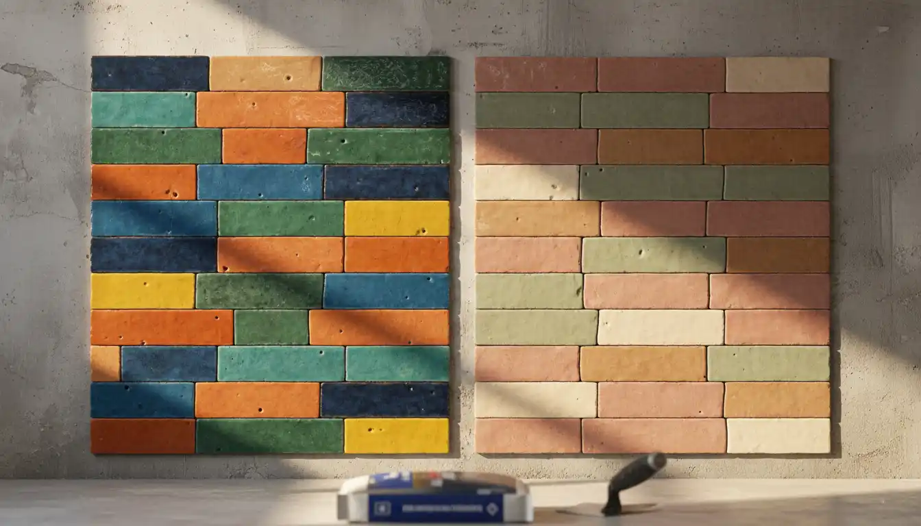 A side-by-side arrangement of handcrafted, colorful zellige tiles with varied textures and sheens.