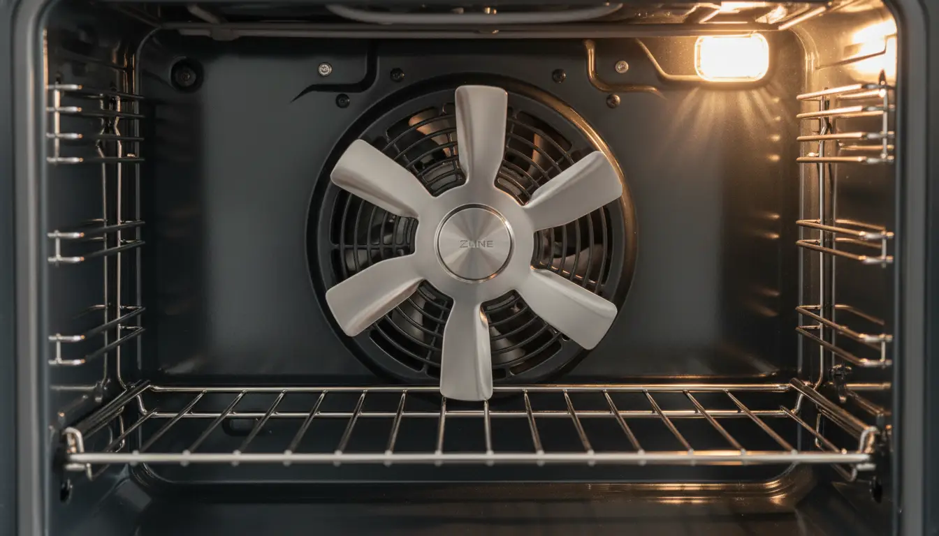 A close-up view of a metal convection fan inside a modern Zline oven.