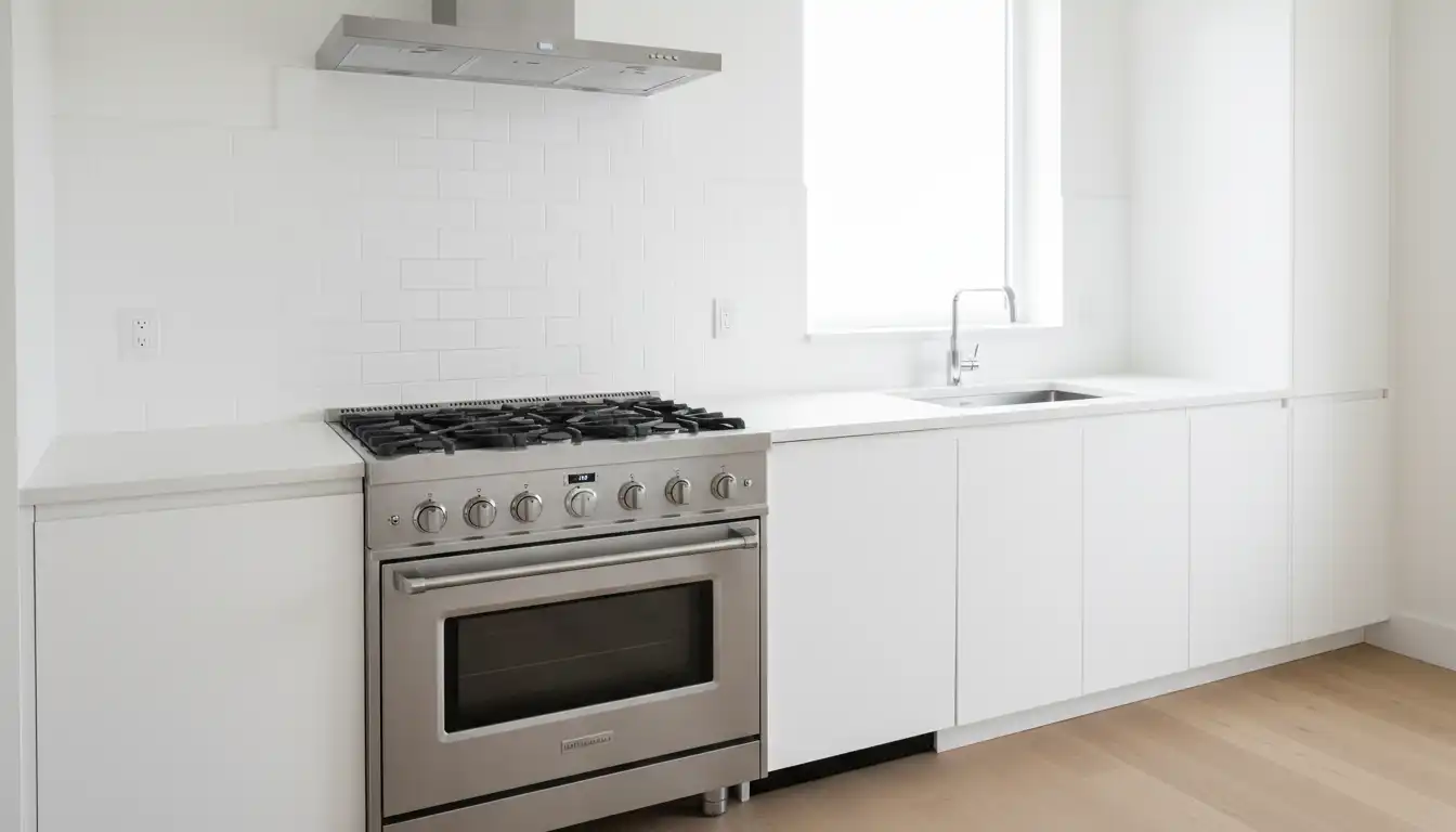 A sleek stainless steel gas range positioned next to a modern panel-ready dishwasher in a bright, contemporary kitchen.