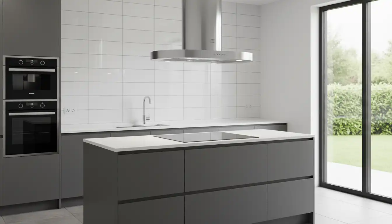 A sleek stainless steel range hood mounted above a modern kitchen stove.