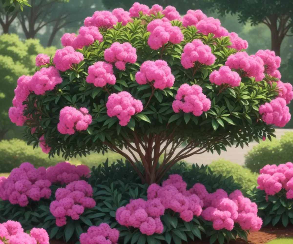 A vibrant pink crape myrtle shrub with multiple stems and lush green leaves blooming in a garden bed.