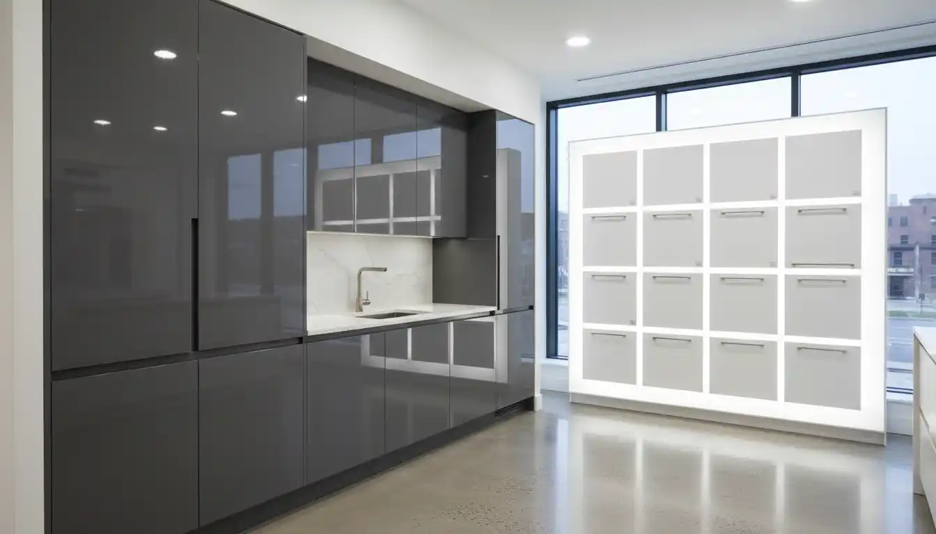 Modern high-gloss grey kitchen cabinets displayed alongside white flat-panel cabinetry samples in a showroom