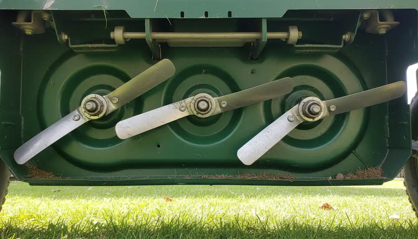 Underside of a riding lawn mower deck displaying three metal cutting blades and spindles
