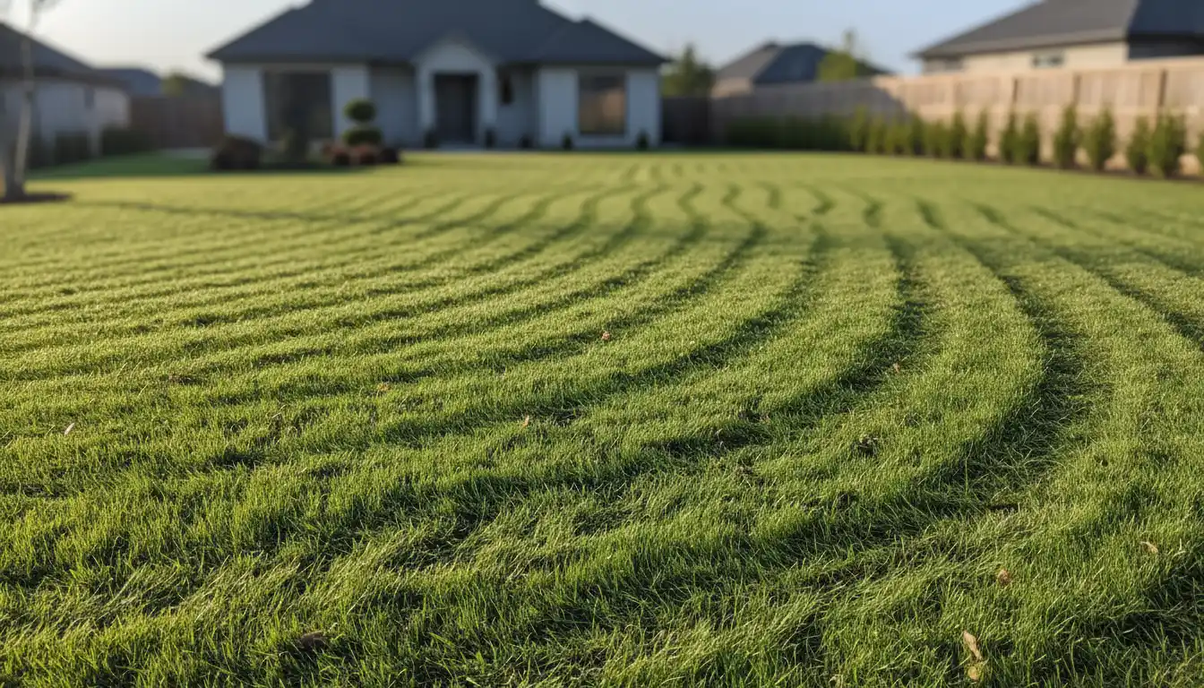 Green lawn with distinct uneven strips of uncut grass visible on the surface