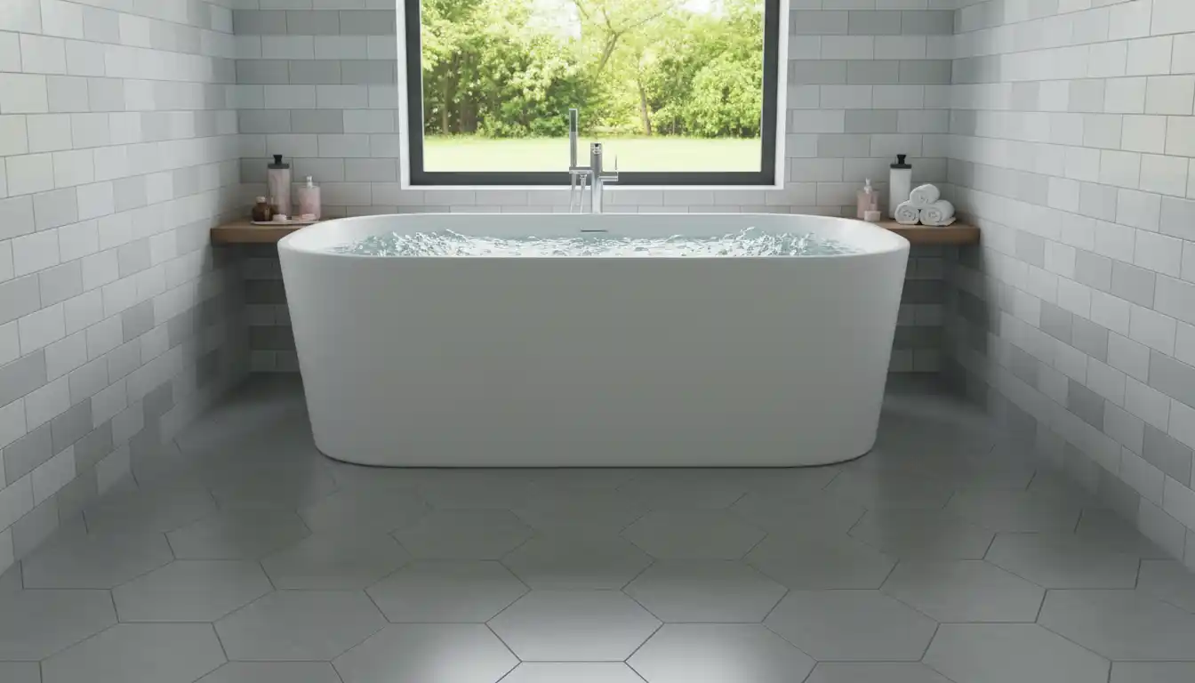 Modern white acrylic bathtub filled with water featuring active air jets creating bubbles in a tiled bathroom setting