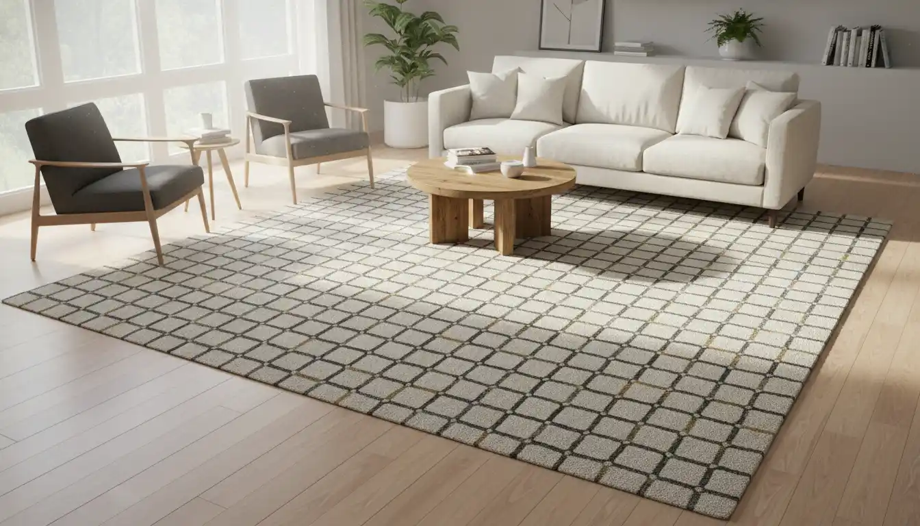 Patterned area rug laid out on a light hardwood floor in a bright living room