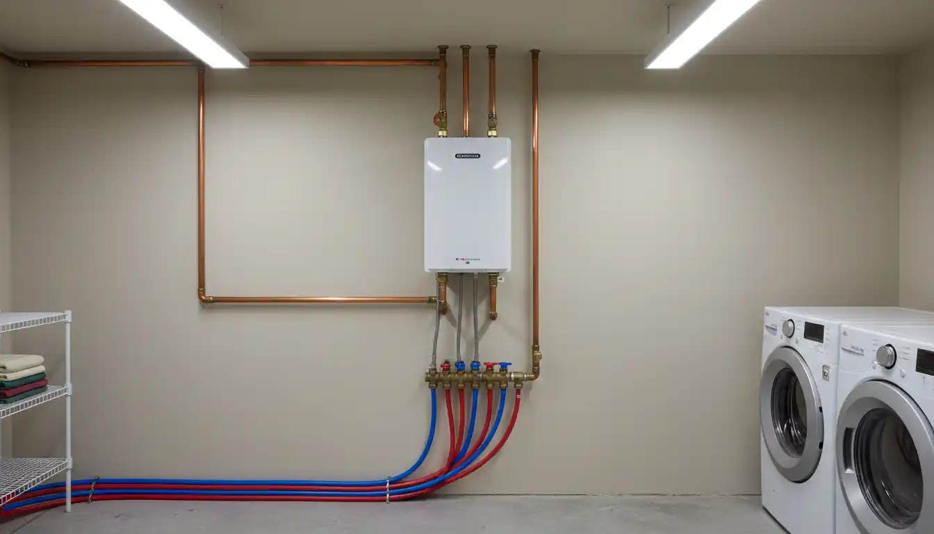 Compact auxiliary water heater unit installed on a utility room wall with copper piping connections
