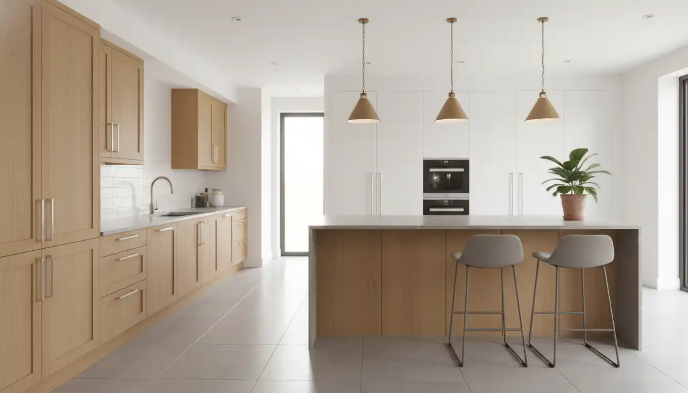 Modern kitchen interior featuring wooden shaker style cabinets next to white flat panel cupboards