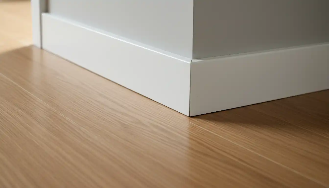 Close-up of modern white baseboard installed flush against hardwood flooring without shoe molding trim