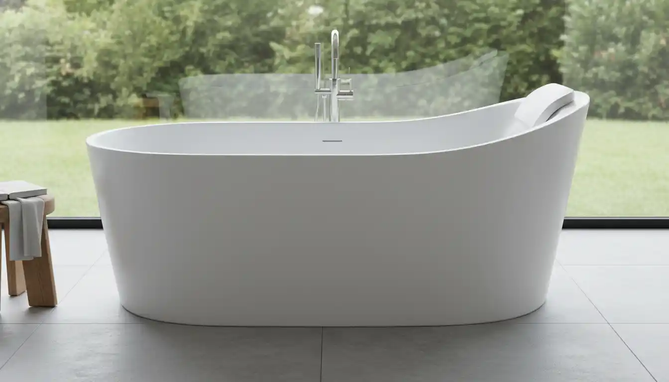 Side profile of a modern white freestanding bathtub displaying a sloped ergonomic backrest