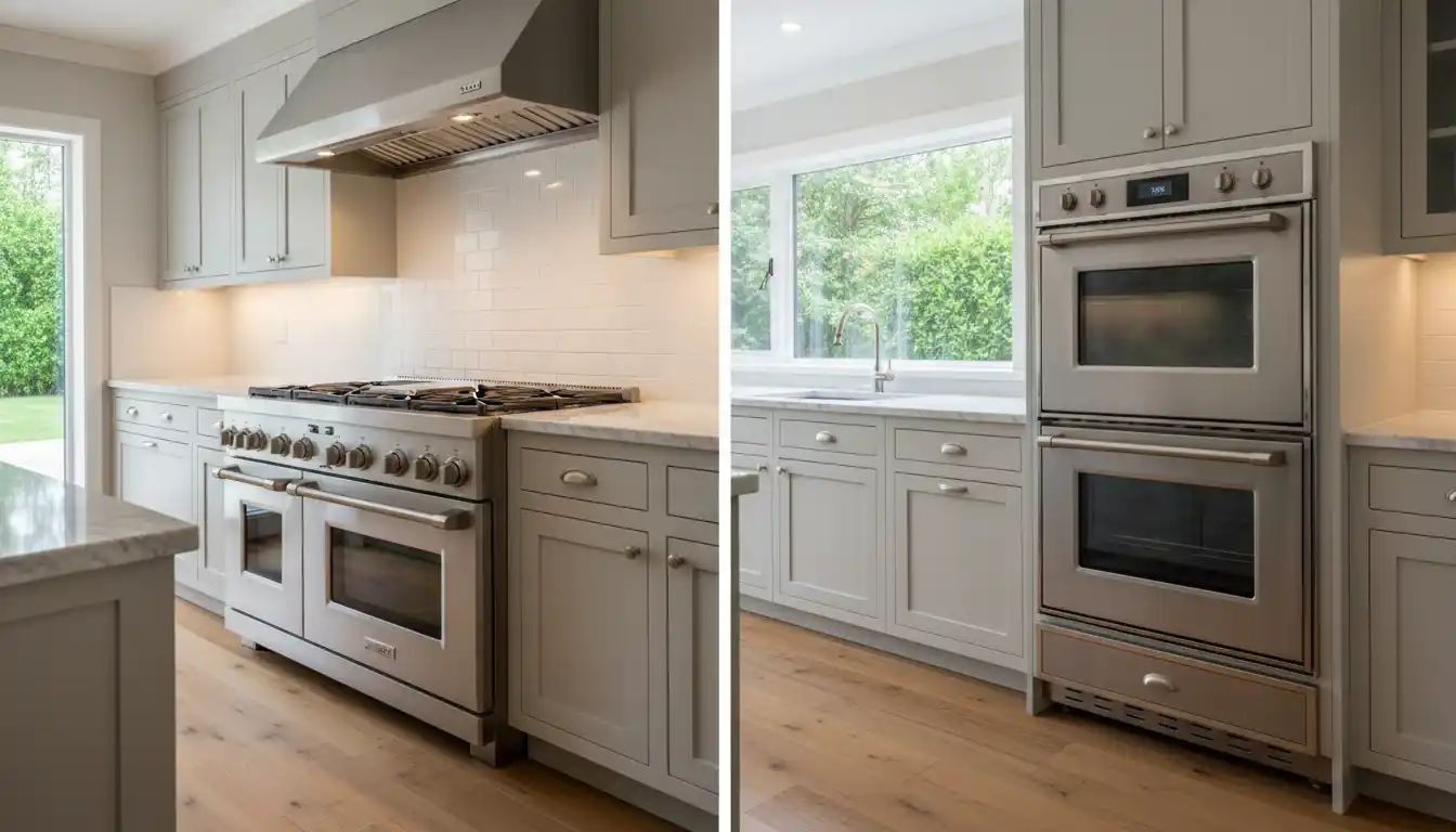 Side-by-side view of a professional stainless steel gas range and a luxury dual-fuel oven in a modern kitchen setting