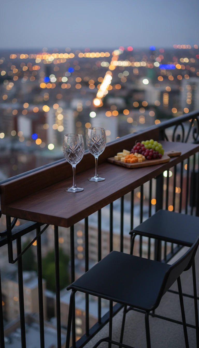 A narrow wooden bar top attached to a balcony railing with wine glasses and bar stools