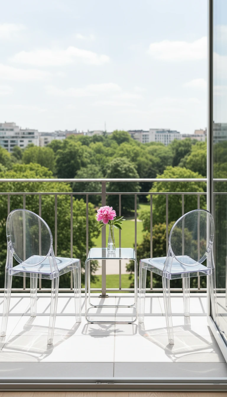 Clear acrylic chairs on a small balcony that create an illusion of more open space