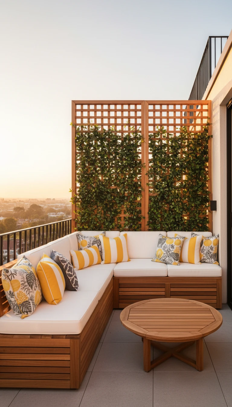 A cozy L-shaped wooden corner bench with white cushions and patterned pillows on a small balcony