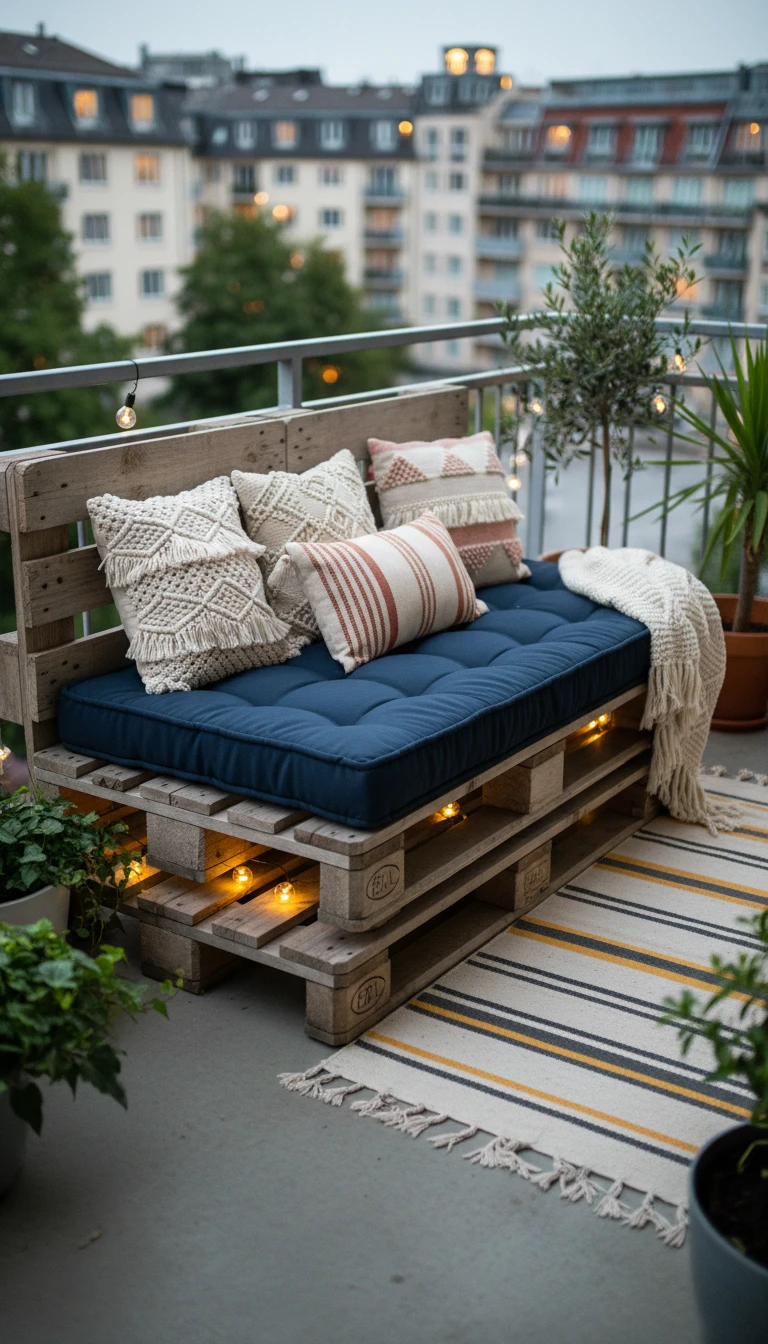 A handmade wooden pallet sofa with navy cushions and boho pillows on a small deck
