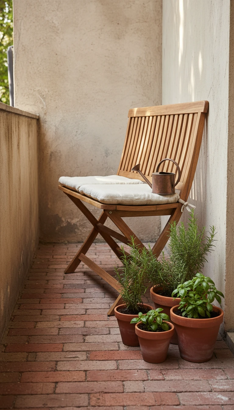 A classic folding wooden bench made of acacia wood on a narrow brick-floored balcony