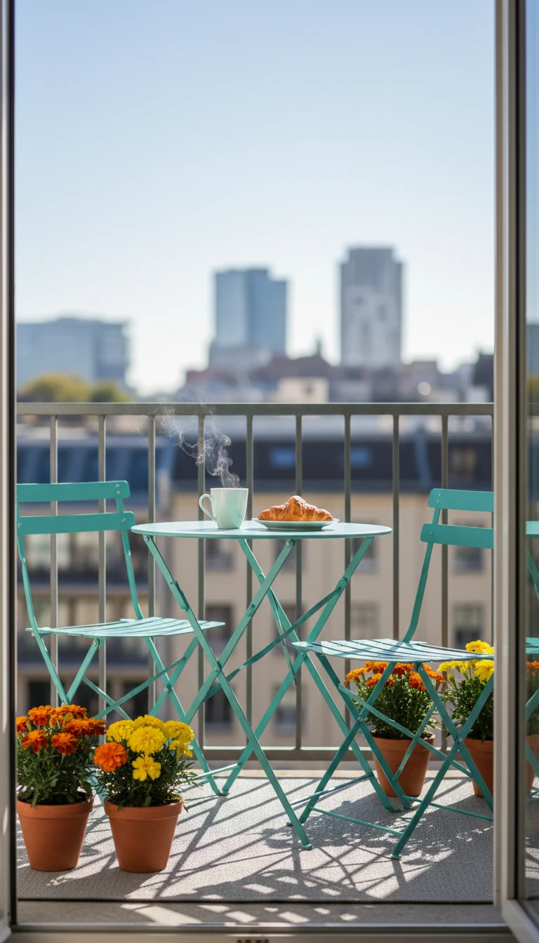 A stylish teal metal folding bistro table and two chairs on a sunlit apartment balcony with coffee