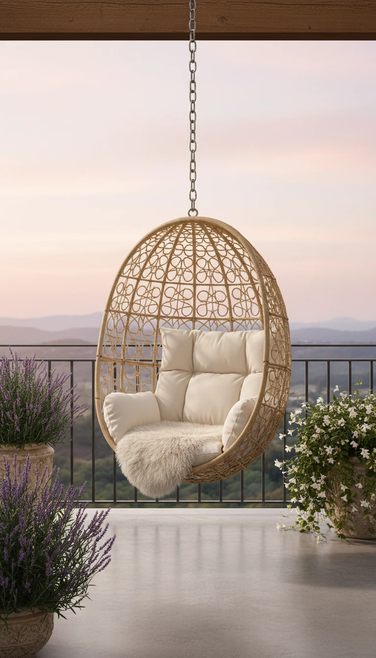 A wicker hanging egg chair suspended from a balcony ceiling with a white fluffy cushion
