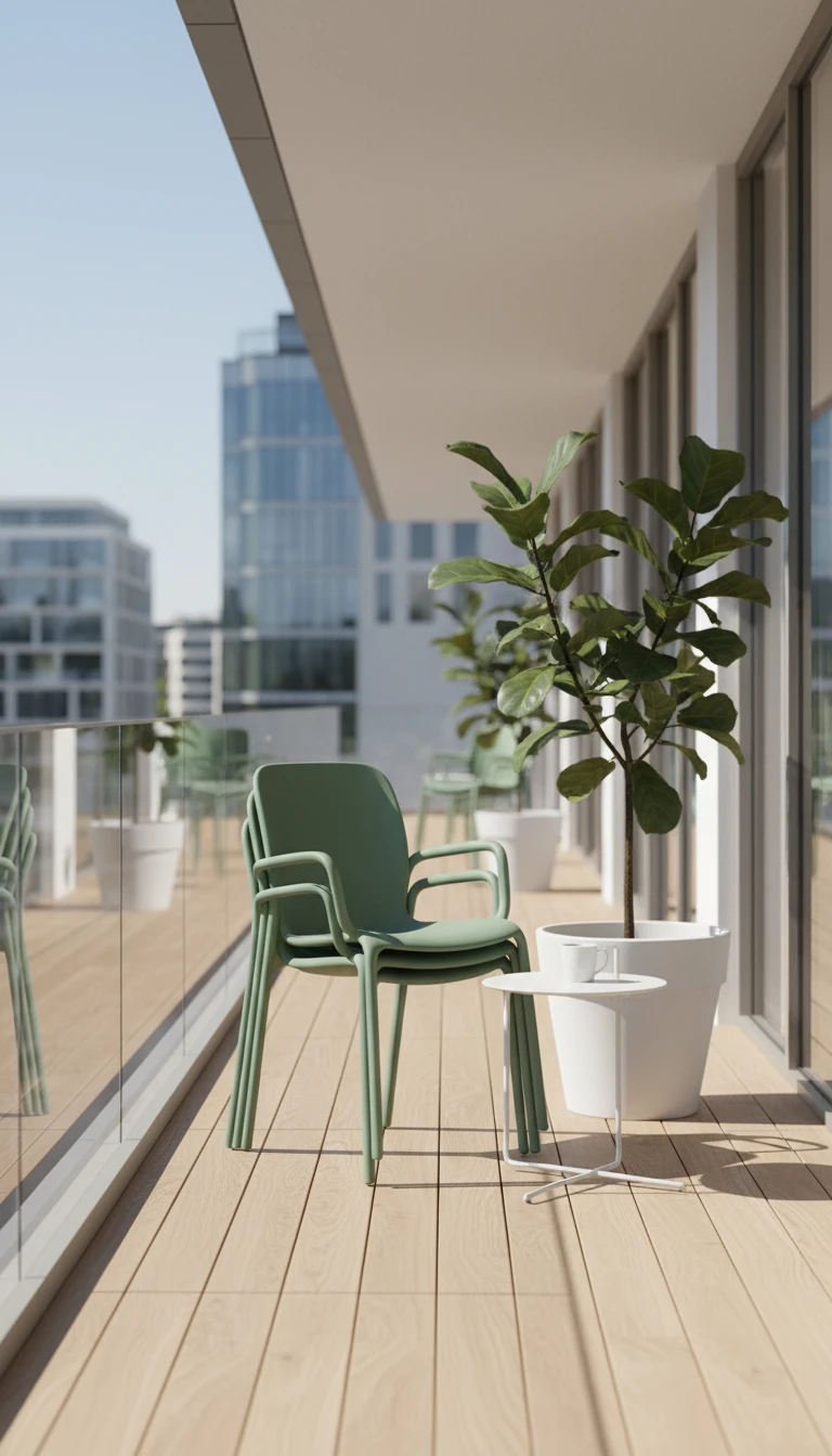 Four sage green modern stackable chairs tucked into a balcony corner to keep the floor clear