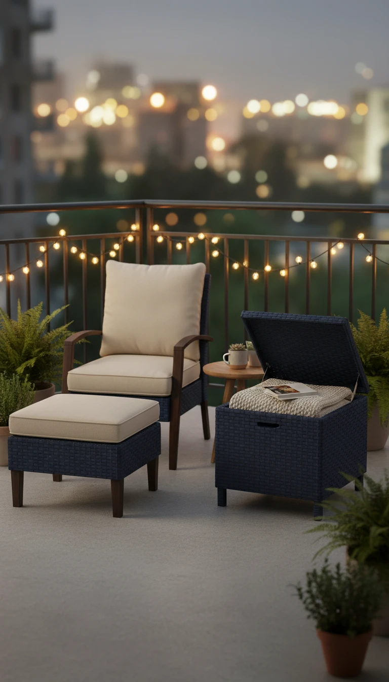 Navy blue wicker storage ottomans on a balcony used for seating and hiding outdoor blankets